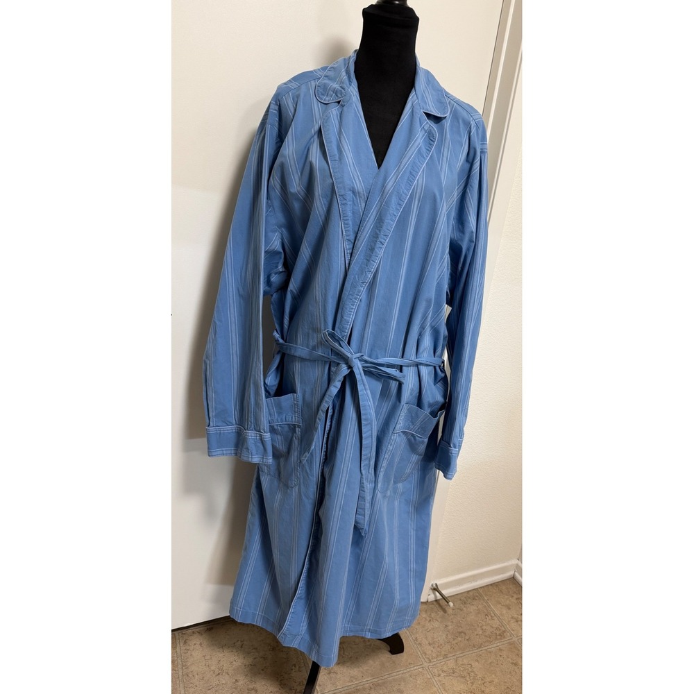 Lands End Mens Blue White Striped Cotton Robe Long Sleeve Belted Pockets XXL
